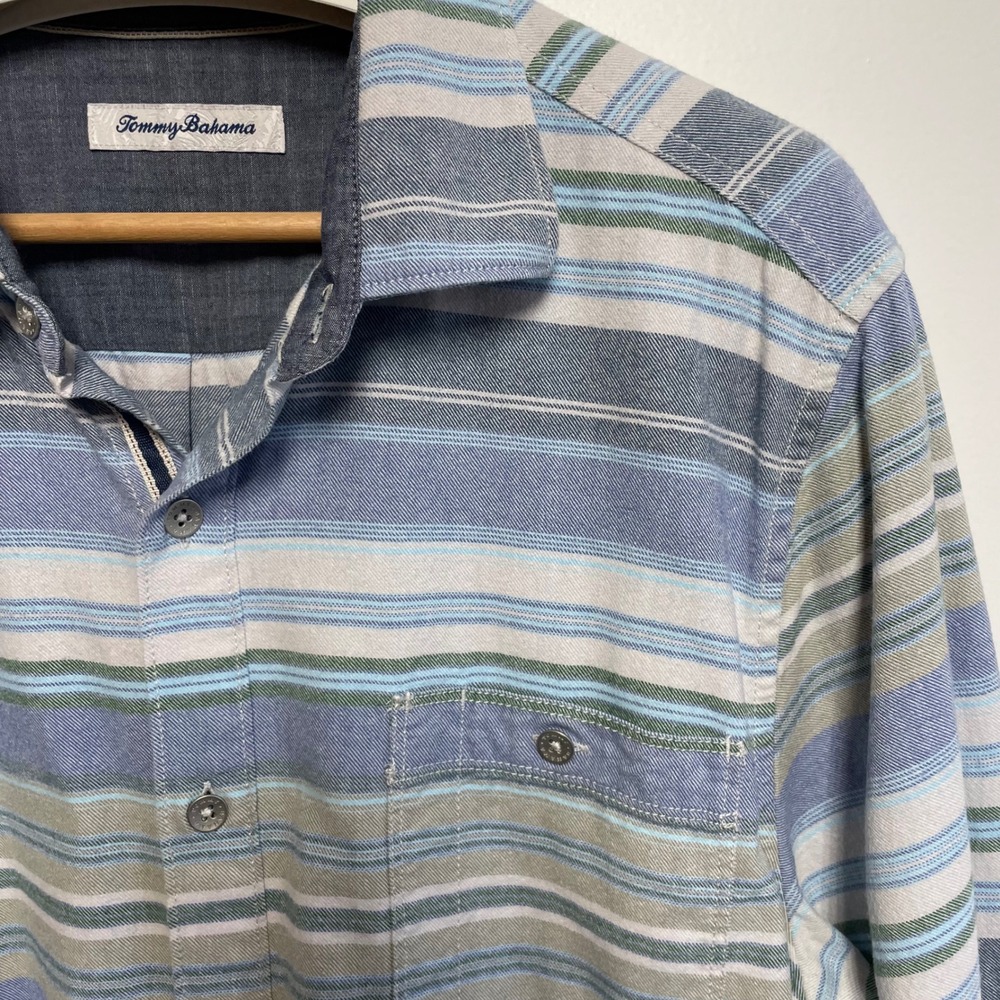 Tommy Bahama Size L Blue Green Striped Long Sleeve Cotton Flannel Twill Shirt - Picture 2 of 8